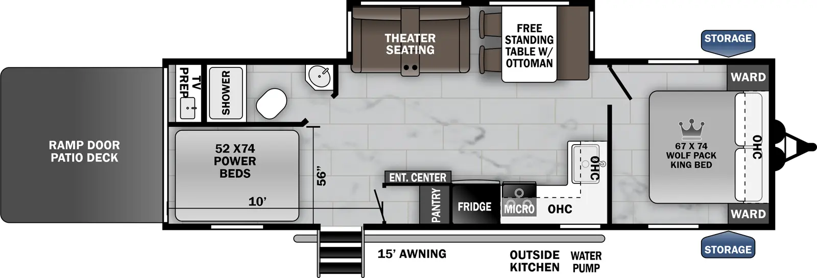 The 27PACK10 has one slide out on the off-door side and one entry door. Exterior features include a rear ramp door/ party patio, 15 foot awning on the door side, outside kitchen and pass through storage. Interior layout from front to back: front bedroom with Wolf Pack 67 by 74 king bed; living dining kitchen area with off-door side slide out containing a sofa and dinette with theater seat option in place of sofa; door side kitchen countertop with pantry, entertainment center with fireplace, refrigerator, overhead microwave, cook top stove, overhead cabinets and kitchen sink; Happijac bed lift system in the door side rear corner; and full bathroom in the off-door side rear corner. Rear cargo area dimensions are 10 foot long by 56 inches wide and located in the door side rear corner.